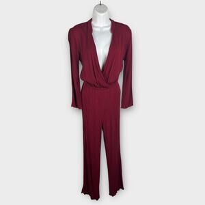 Womens Small Red Burgundy Surplice Long‎ Sleeve Crepe Jumpsuit Preppy Career